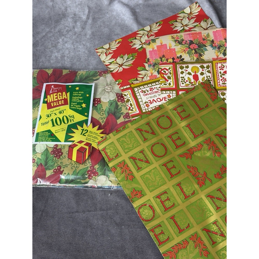 Vintage 70s Christmas Gift Wrap Lot Nostalgic Retro 100+Sq Ft 12 Pk Still Sealed